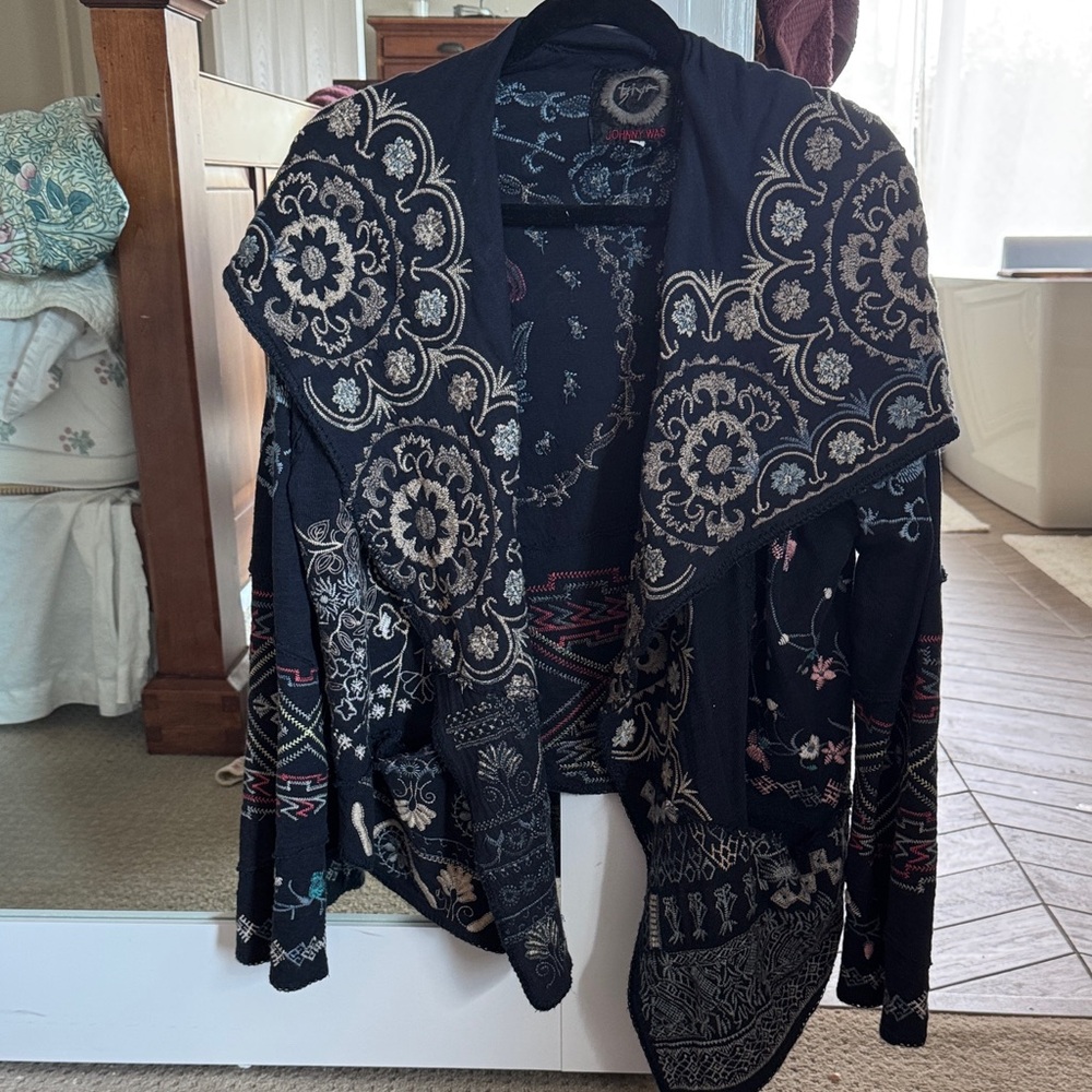 Johnny Was Navy and Beige Embroidered Blazer